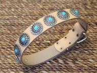 Leather Dog Collar with Silver Plated Circles Blue Stones