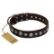 "Gorgeous Shields" FDT Artisan Brown Leather Amstaff Collar with Old Silver-like Circles and Small Camomiles