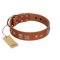 "Egyptian Gifts" Handmade FDT Artisan Tan Leather Amstaff Collar with Chrome-plated Pyramids