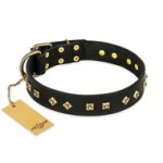 "Rhomb Style" FDT Artisan Decorated Leather Amstaff Collar with Old Bronze-Plated Studs 1 1/2 inch (40 mm) Wide