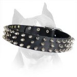 3 Rows Spiked Amstaff Leather Dog Collar For Walking In Style
