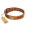 "Bronze Century" FDT Artisan Tan Leather Amstaff Collar with Plates and Brooches with Cool Ornament