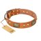 "Saucy Nature" FDT Artisan Tan Leather Amstaff Collar with Old Bronze Look Plates and Skulls