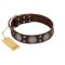 "Sun in Barchans" Modern FDT Artisan Brown Leather Amstaff Collar with Engraved Stars on Round Plates and Studs