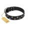 "Power-Flower" FDT Artisan Black Leather Amstaff Collar with Two Rows of Silver-like Studs with Engraved Flowers