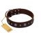 "Pure Sensation" Exclusive FDT Artisan Brown Leather Amstaff Collar with Fancy Brooches and Studs