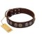 "Treasure Hunter" FDT Artisan Brown Leather Amstaff Collar with Old-Bronze-like and Silvery Medallions