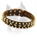 Amstaff Leather Dog Collar With 3 Rows Of Spikes And Studs