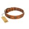 "Call of Feat" FDT Artisan Tan Leather Amstaff Collar with Old Bronze-like Studs and Oval Brooches