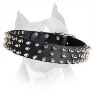 3 Rows Spiked Amstaff Leather Dog Collar For Walking In Style