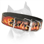 Flames Painted Leather Dog Collar For Amstaff Dog Breed