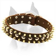 Amstaff Leather Dog Collar With 3 Rows Of Spikes And Studs