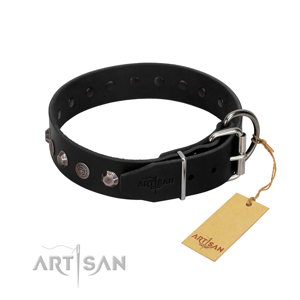 Reliable traditional buckle on full grain leather dog collar for easy wearing