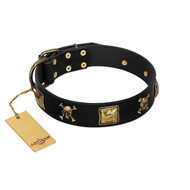 "Welcome on Board" FDT Artisan Black Leather Amstaff Collar with Skulls and Crossbones Combined with Squares