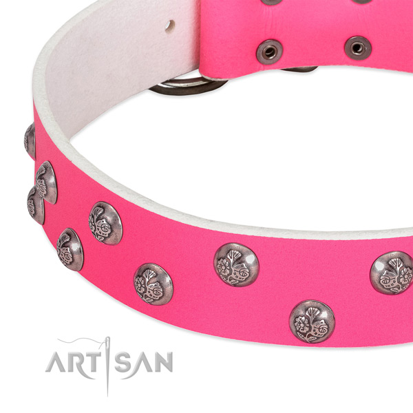 Natural genuine leather dog collar with rust-proof hardware and studs