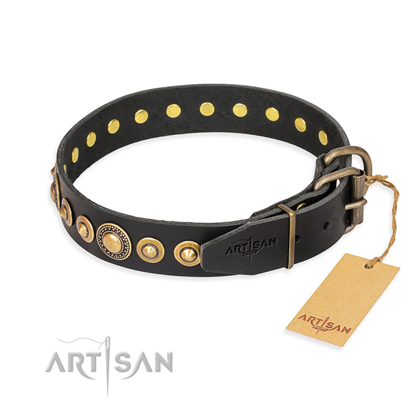 Genuine leather dog collar made of soft material with rust resistant buckle