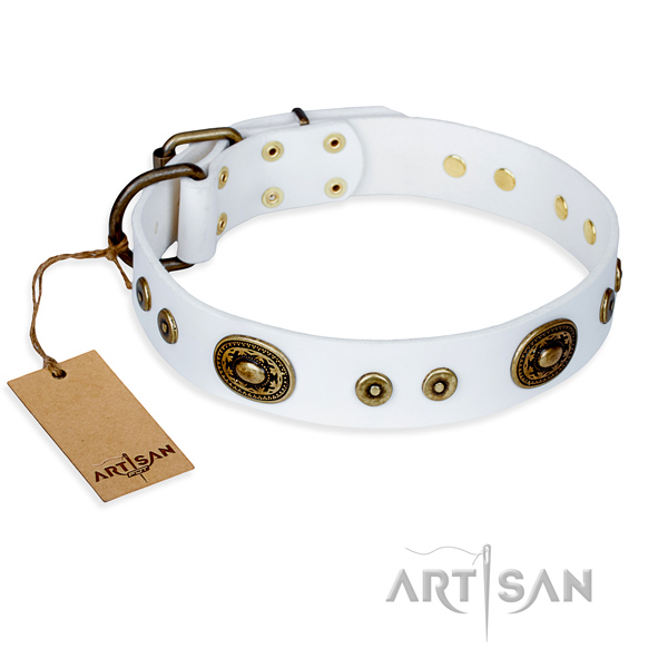 Natural genuine leather dog collar made of soft to touch material with reliable hardware