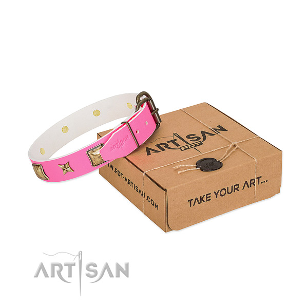 Reliable D-ring on natural genuine leather dog collar for stylish walking