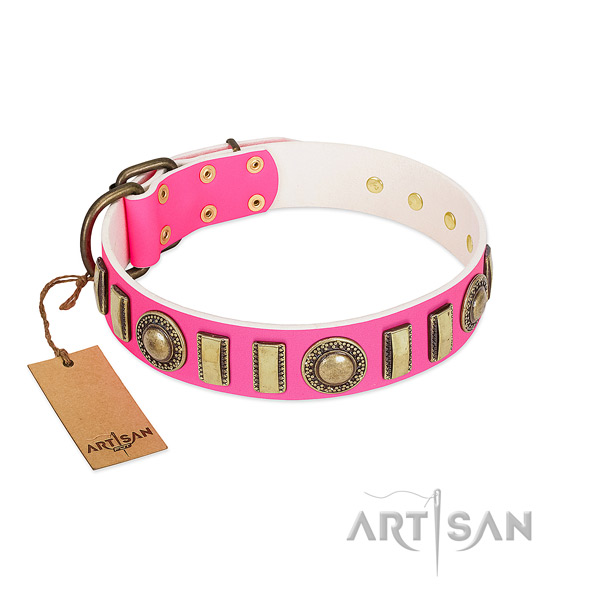 Convenient natural leather dog collar with rust resistant buckle