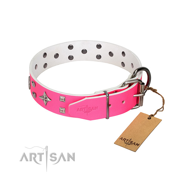 Full grain natural leather dog collar with designer decorations