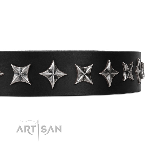 Everyday use adorned dog collar of durable genuine leather
