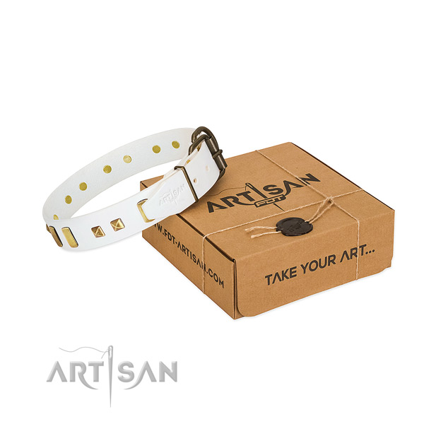 Flexible natural leather dog collar with decorations for easy wearing