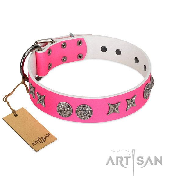 Corrosion resistant hardware on impressive full grain leather dog collar