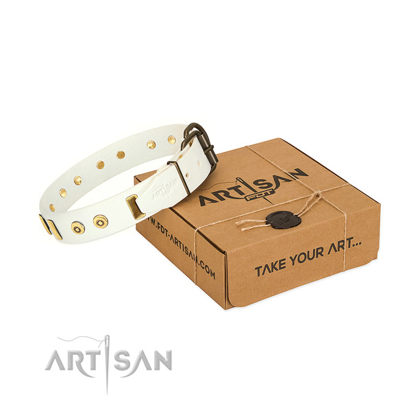 Leather dog collar with designer embellishments for comfortable wearing