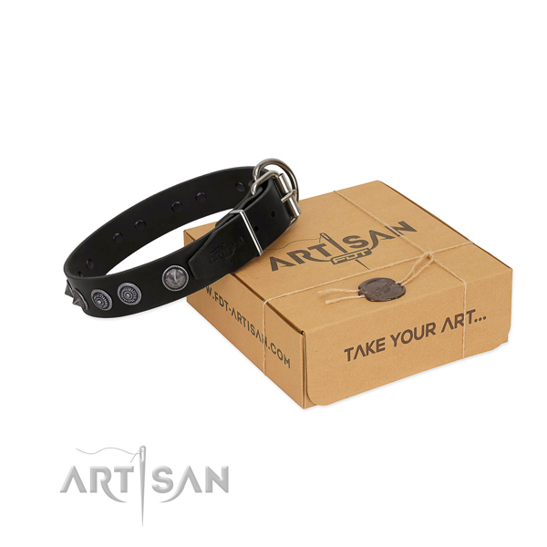 Reliable buckle on full grain natural leather dog collar for daily walking your dog