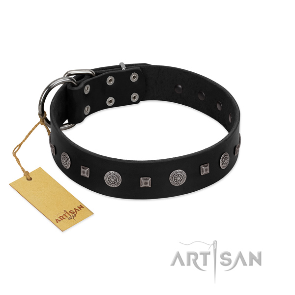 Comfortable wearing soft to touch full grain natural leather dog collar with adornments