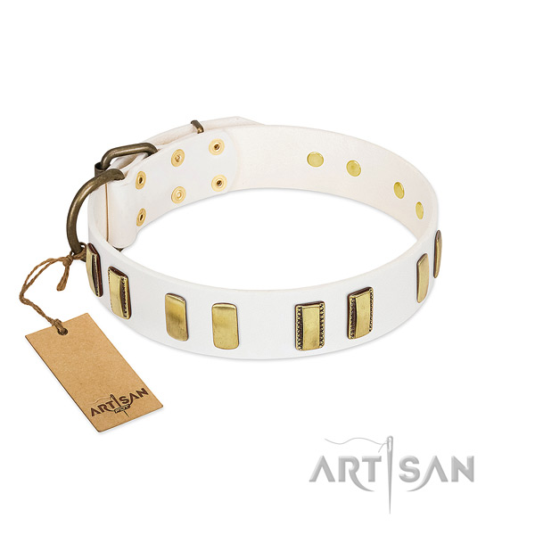 Soft full grain natural leather dog collar with corrosion resistant hardware