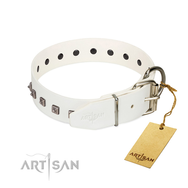 Reliable natural leather dog collar with adornments for easy wearing