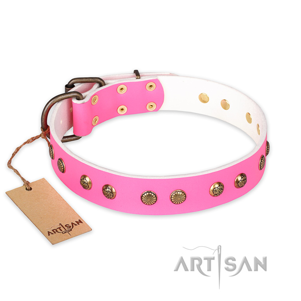 Adorned genuine leather dog collar with corrosion proof buckle