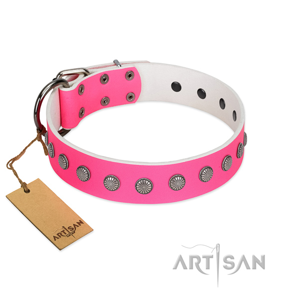 Stylish design decorated full grain genuine leather dog collar
