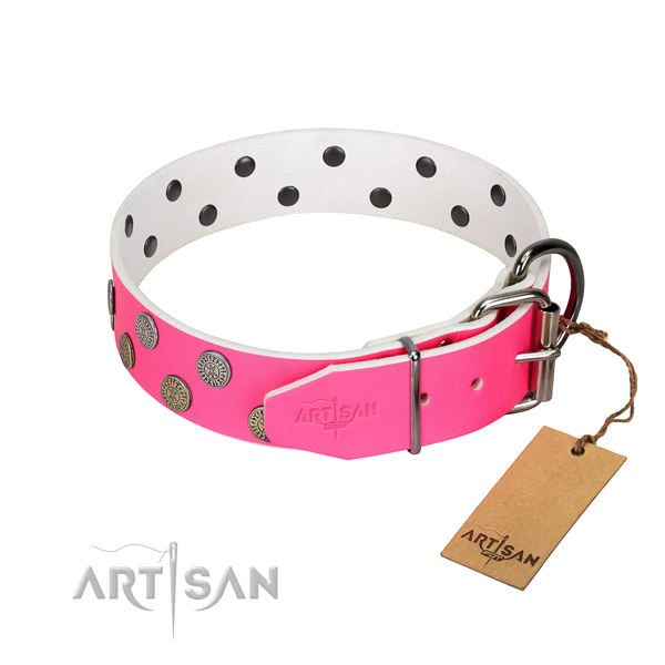 Durable hardware on leather dog collar for fancy walking