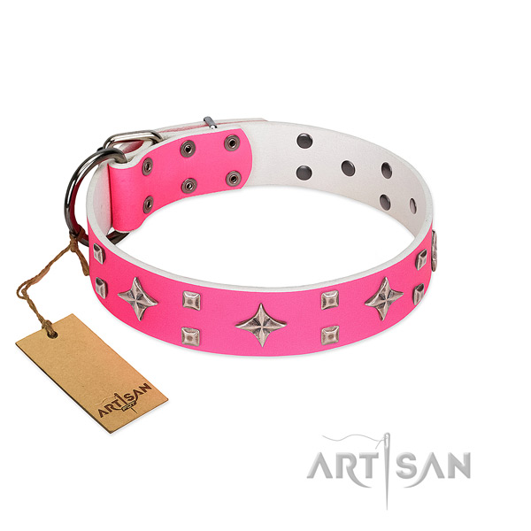 Adjustable full grain genuine leather dog collar with rust resistant D-ring