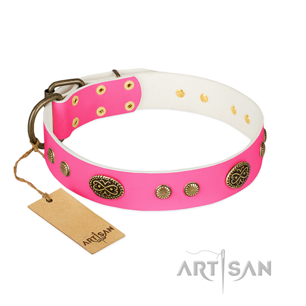 Durable D-ring on genuine leather dog collar for your canine