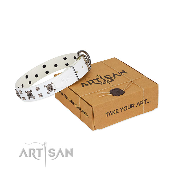 Stylish walking top notch natural leather dog collar with decorations