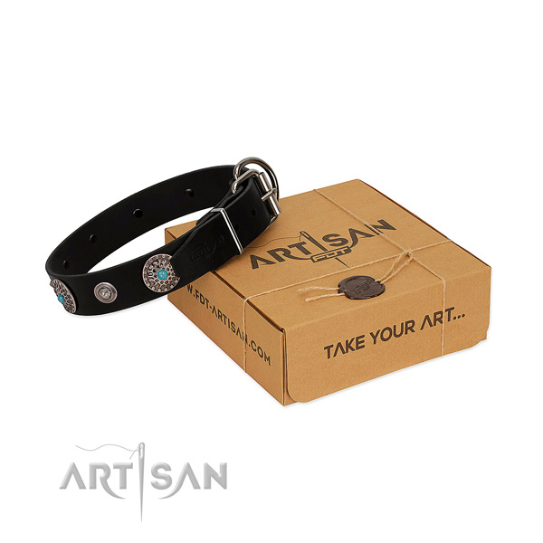 Handy use reliable leather dog collar with embellishments