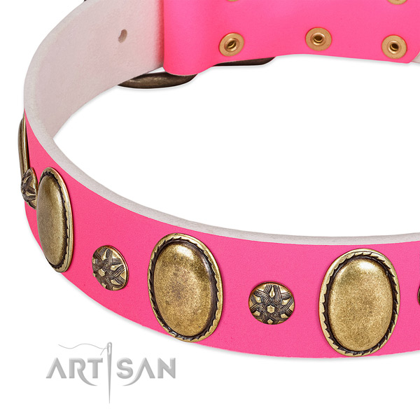 Durable full grain natural leather dog collar with strong buckle