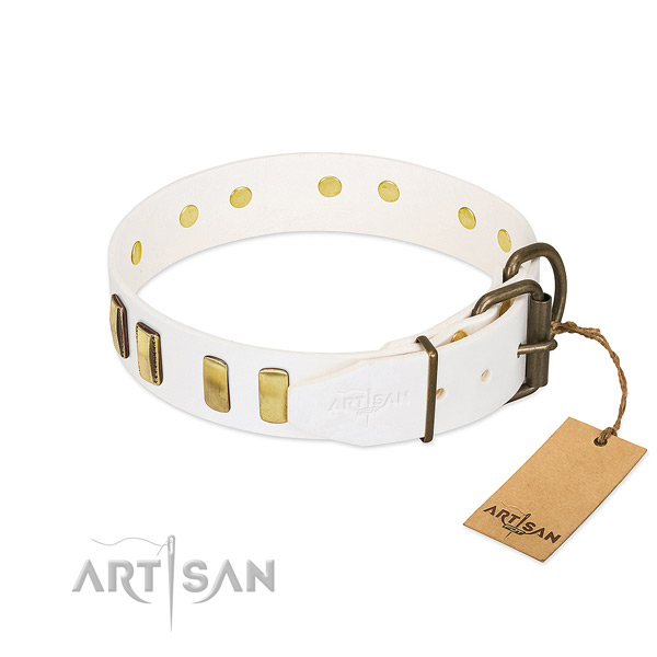 Reliable full grain natural leather dog collar with rust-proof traditional buckle