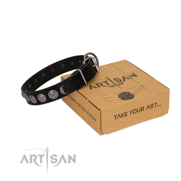 Rust-proof D-ring on leather dog collar for everyday walking your pet