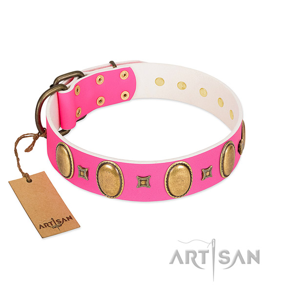 Flexible full grain genuine leather dog collar with embellishments for daily walking