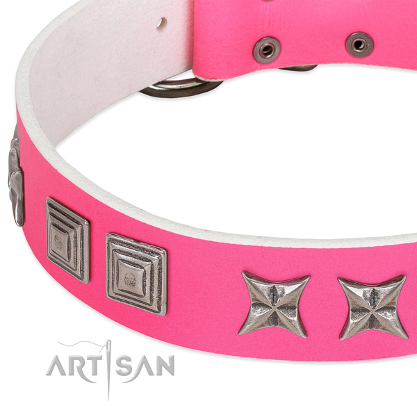 Reliable full grain natural leather dog collar with rust resistant hardware