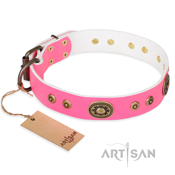 Leather dog collar made of soft to touch material with rust-proof traditional buckle