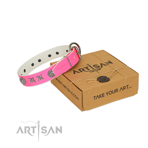 Perfect fit natural leather dog collar with corrosion resistant D-ring