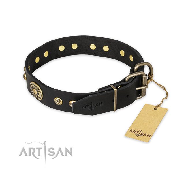 Rust resistant D-ring on genuine leather collar for daily walking your canine