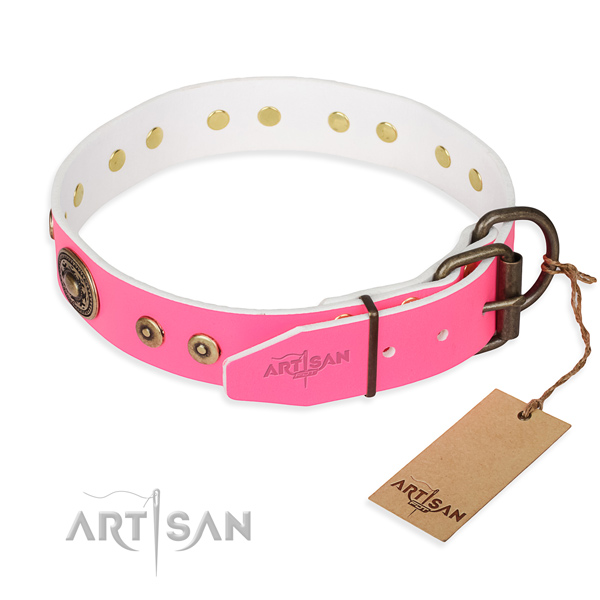 Genuine leather dog collar made of soft to touch material with reliable decorations