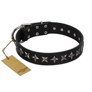 "Lights-out" FDT Artisan Black Leather Amstaff Collar with Silver-like Set of Stars