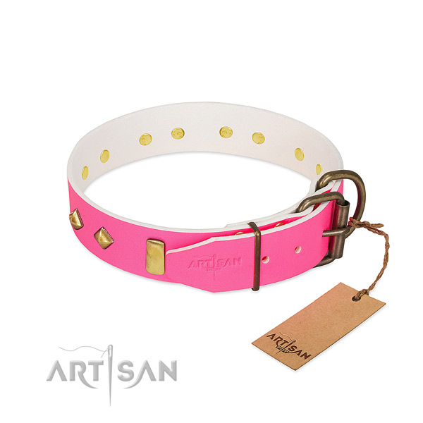 Genuine leather dog collar with rust-proof buckle for walking